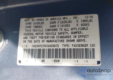 2007 Honda Accord 2.4 Ex из США, поврежденный, VIN 1HGCM72797A006972